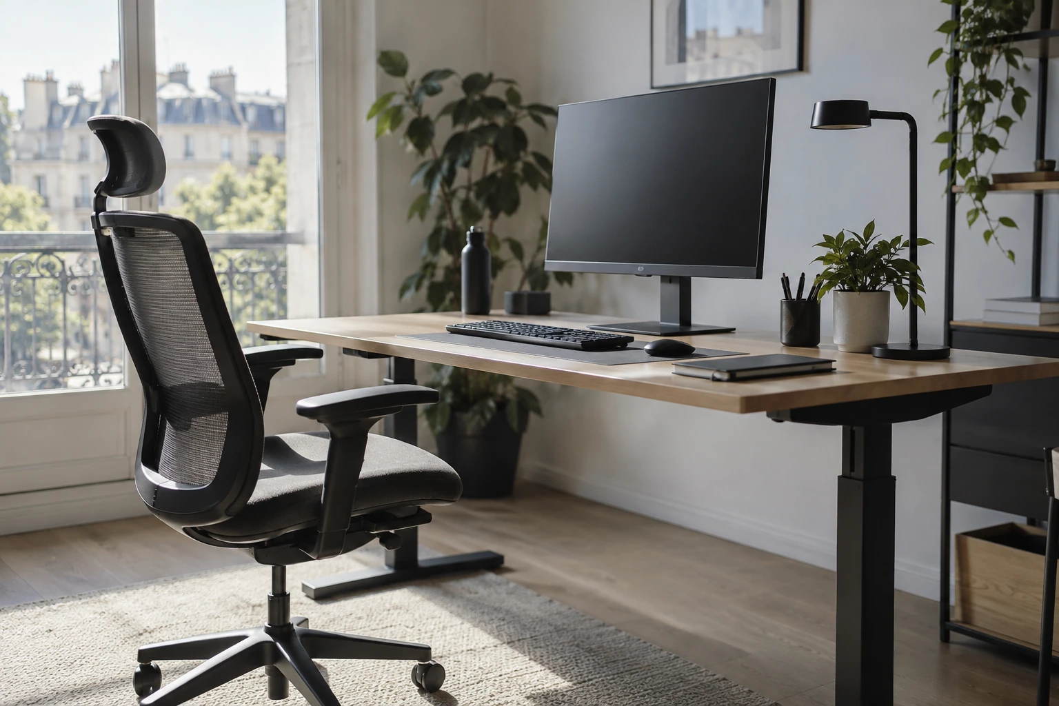 Bureau ergonomique avec chaise de bureau, écran, clavier, lampe et plantes près d'une fenêtre
