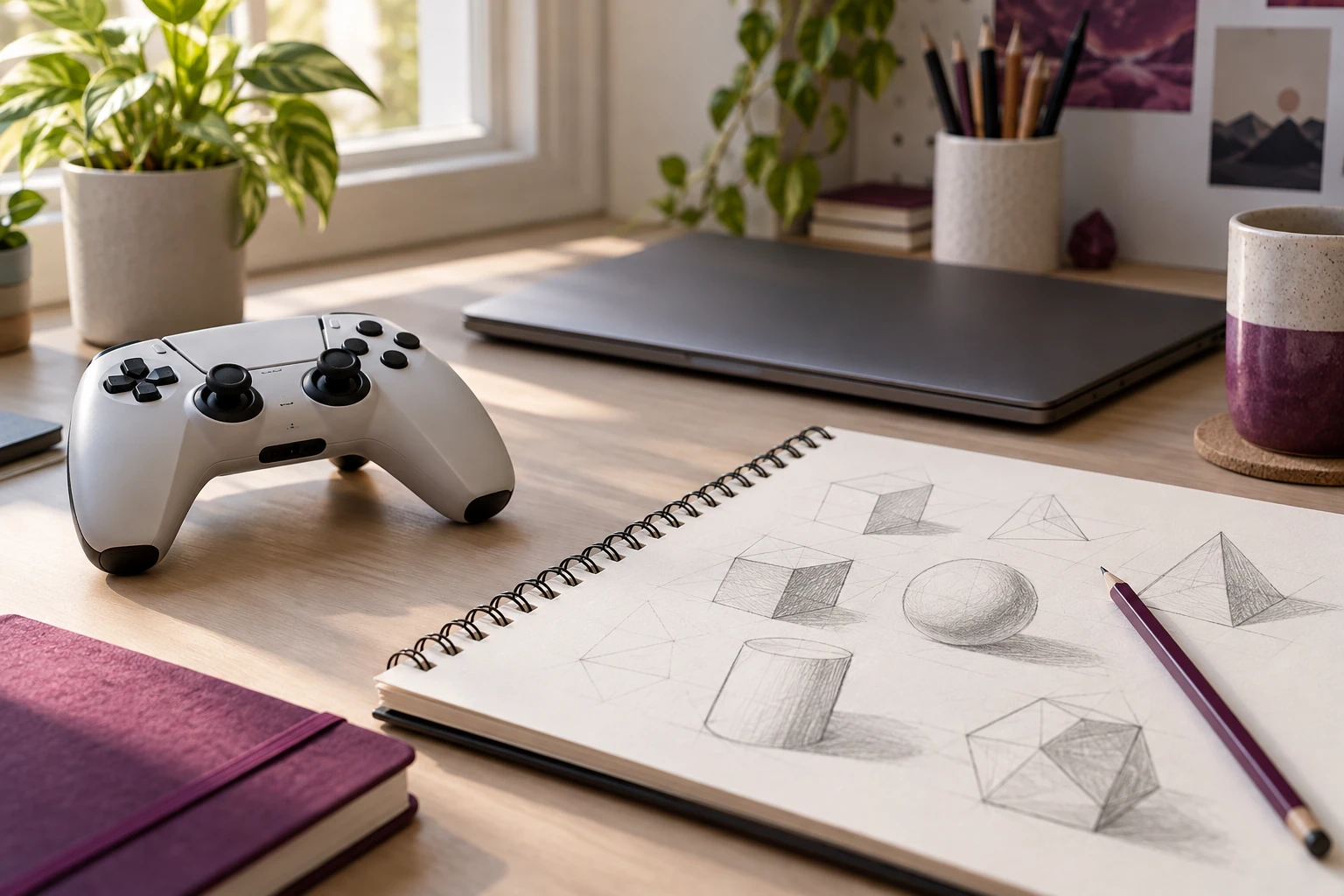 Bureau lumineux avec manette, carnet de croquis géométriques, crayon et ordinateur portable