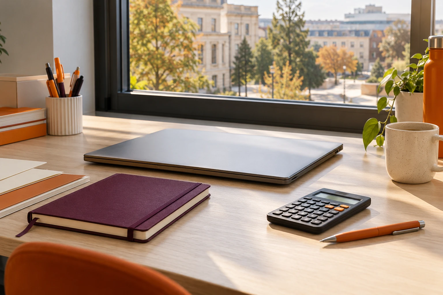 Bureau devant fenêtre avec ordinateur portable fermé, calculatrice, carnet et tasse