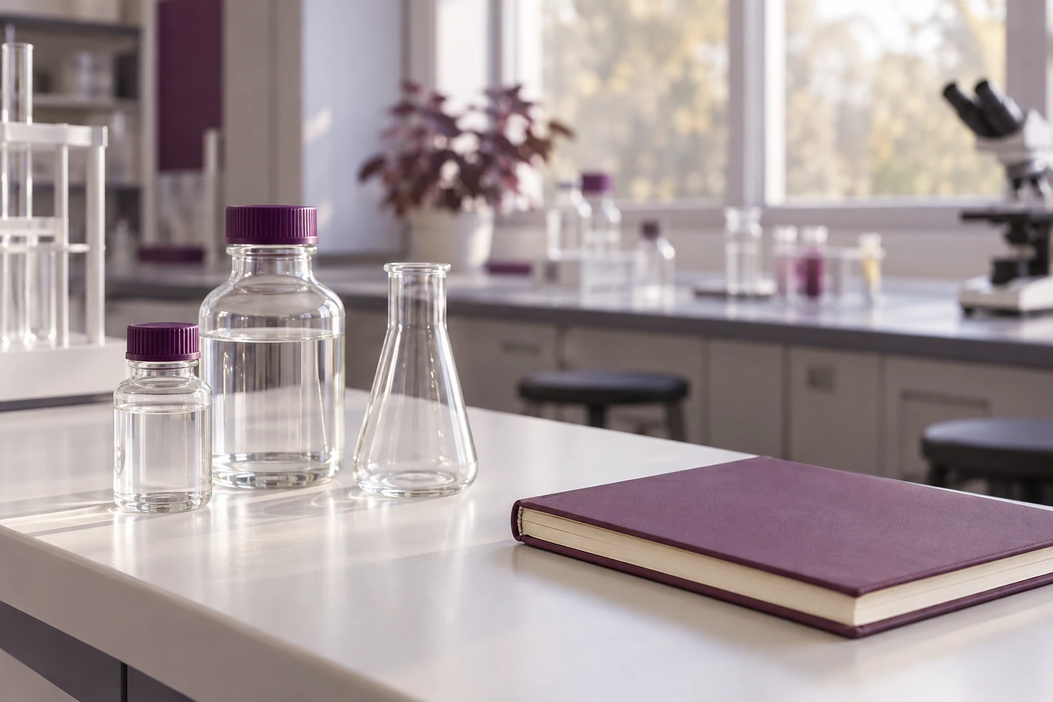 Bureau de laboratoire avec fioles, erlenmeyer, carnet violet et microscope visible