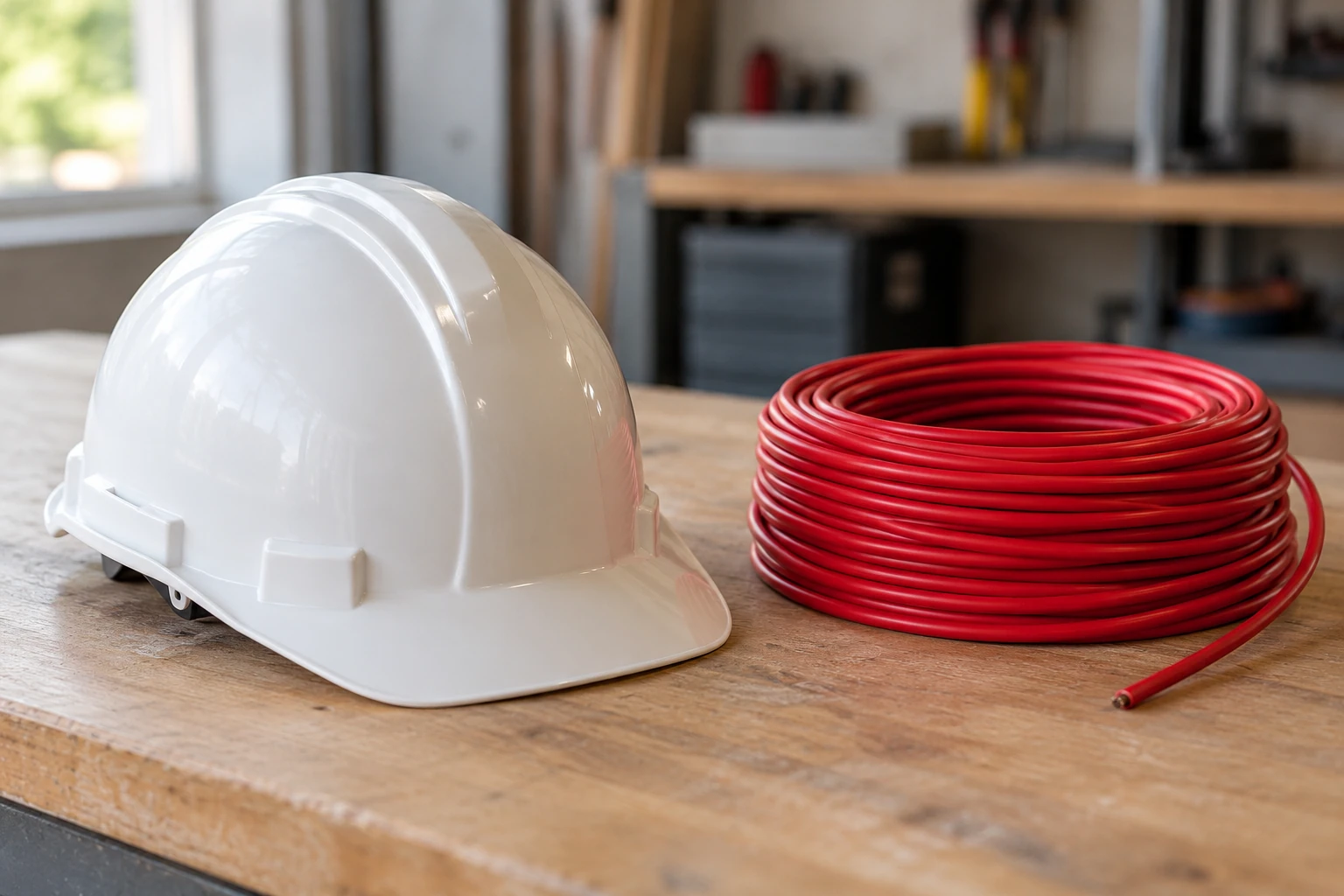 Casque de chantier blanc posé sur table en bois à côté d’un câble rouge enroulé