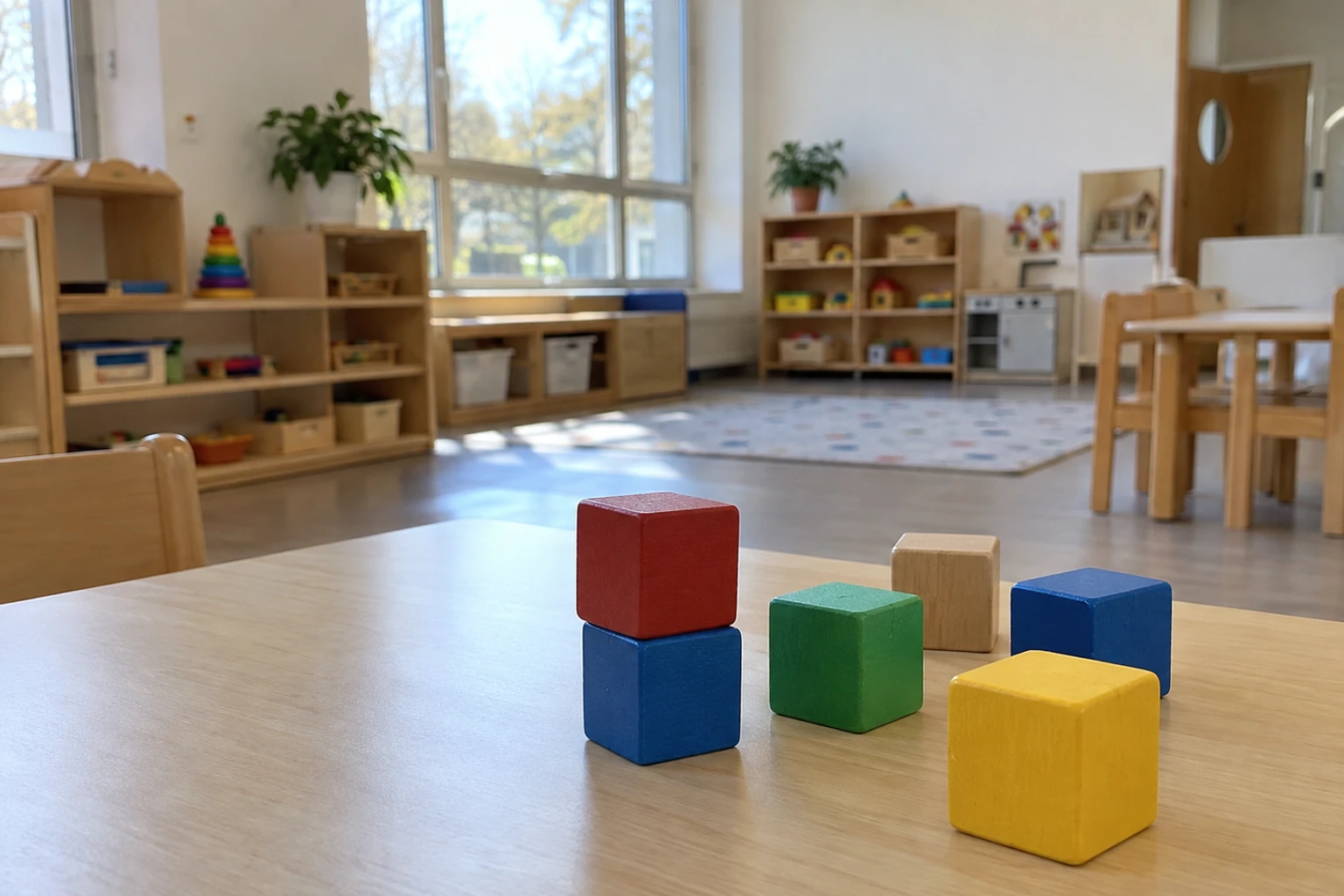 Salle de classe petite enfance avec cubes en bois colorés posés sur table