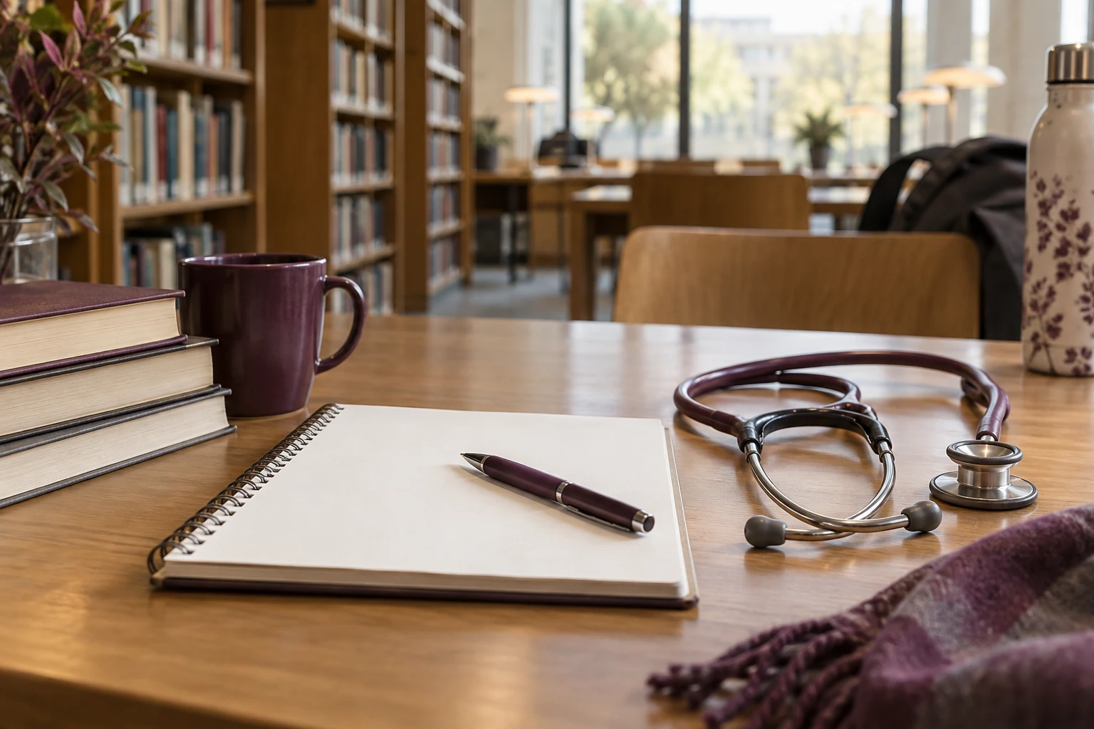 Carnet ouvert, stylo, stéthoscope et tasse posés sur table de bibliothèque lumineux