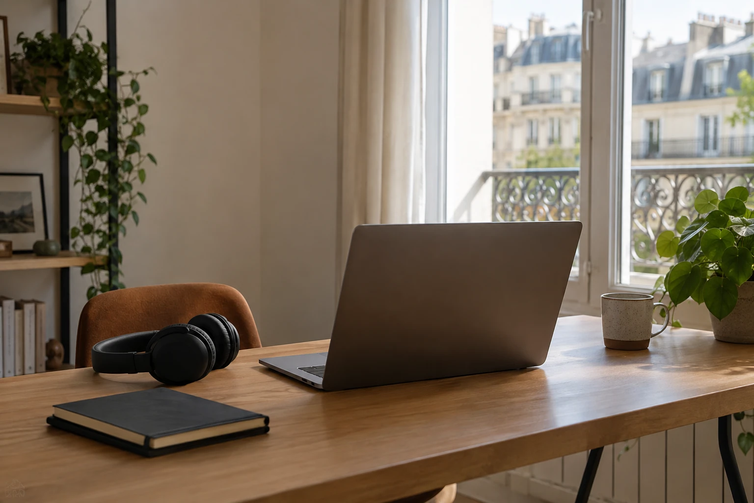 Ordinateur portable ouvert sur table en bois, casque, carnet, tasse et plante près fenêtre